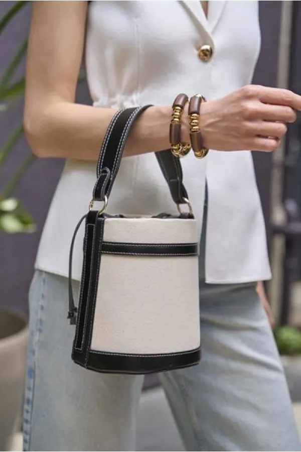 Contrast Stitched Bucket Hand and Shoulder Bag Canvas - Black Contrast Stitched Bucket Hand and Shoulder Bag Canvas - Black