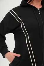 Women's Plus Size Black Front Zippered Stripe and Stone Detailed Hooded Tracksuit 65N38692