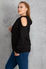 Kadın Haki Kapşonlu Omuz Dekolteli Sweatshirt 65N18831