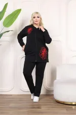 Women's Plus Size Black Front Zippered Süzine Embroidered Two Thread Tracksuit 65N38667