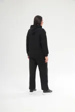 Women's Plus Size Black Front Zippered Stripe and Stone Detailed Hooded Tracksuit 65N38692