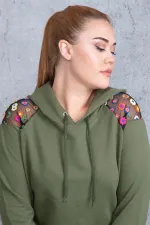 Kadın Haki Payet Detaylı Kapşonlu Sweatshirt 65N18838
