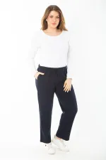 Women's Plus Size Navy Blue Elastic Waist Iron-On Trace Grass Stitched Side Pocket Tracksuit Bottom 65N37400