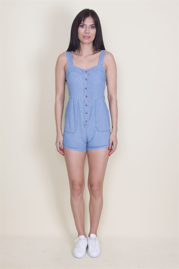 Combinaison à bretelles en denim bleu pour femme, avec boutons et poches