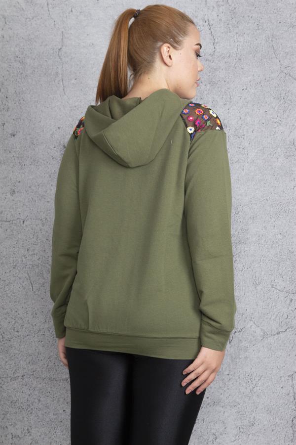 Kadın Haki Payet Detaylı Kapşonlu Sweatshirt 65N18838