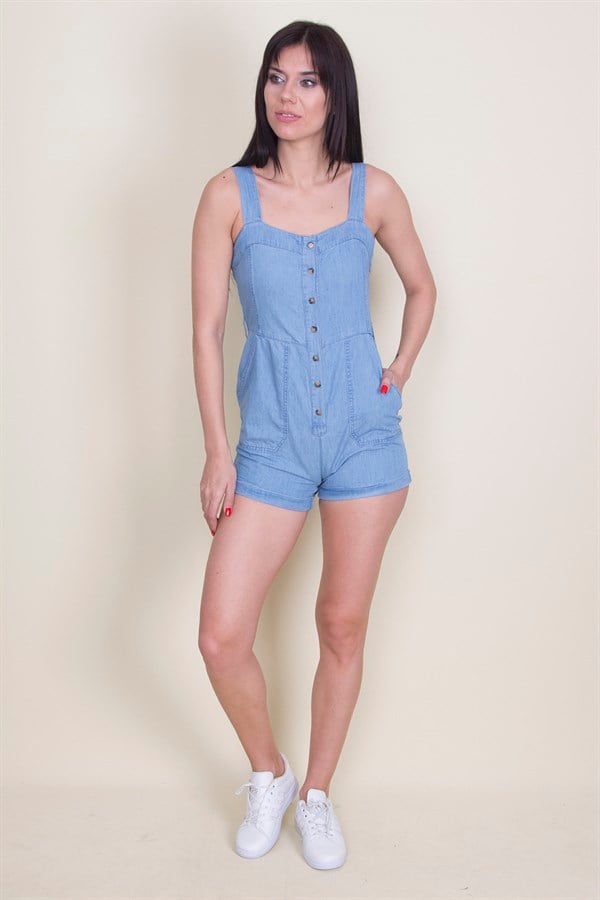 Combinaison à bretelles en denim bleu pour femme, avec boutons et poches