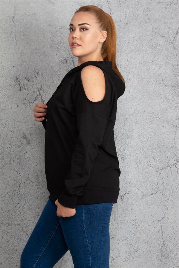 Kadın Haki Kapşonlu Omuz Dekolteli Sweatshirt 65N18831