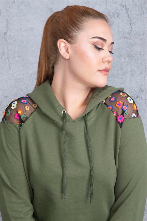 Kadın Haki Payet Detaylı Kapşonlu Sweatshirt 65N18838