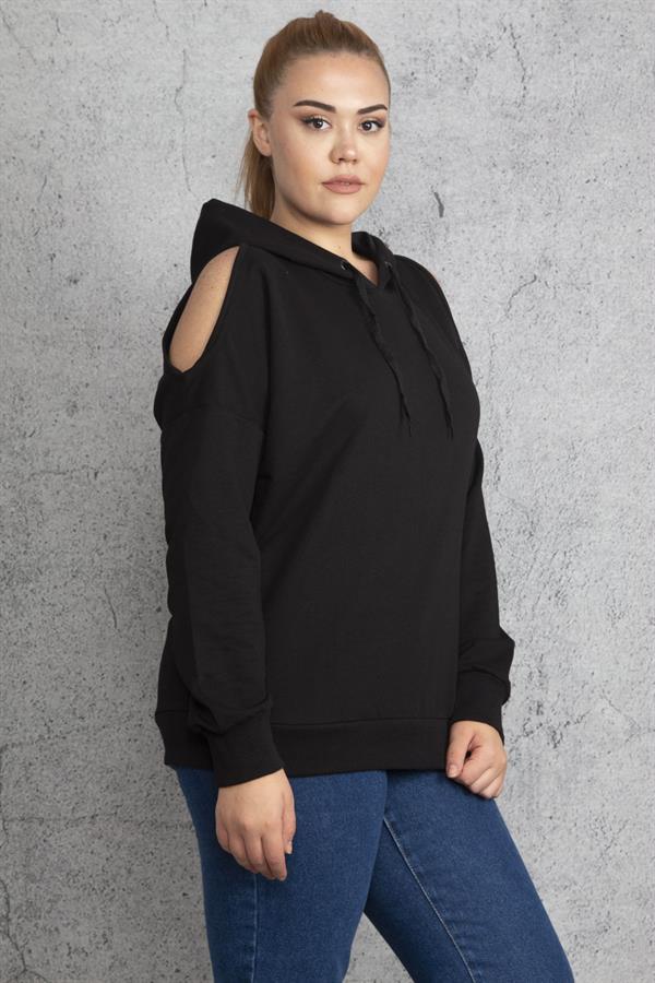 Kadın Haki Kapşonlu Omuz Dekolteli Sweatshirt 65N18831