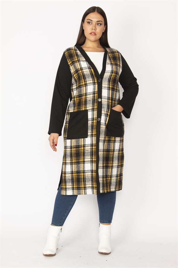 Women's Gray Plaid Patterned Front Button and Pocket Coat 65N28487