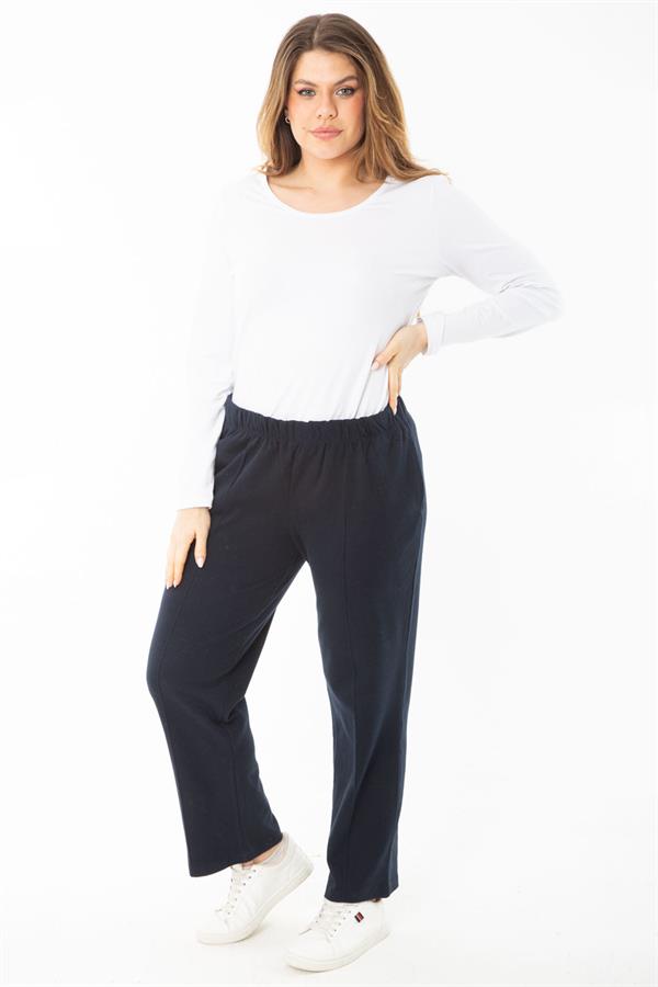 Women's Plus Size Navy Blue Elastic Waist Iron-On Trace Grass Stitched Side Pocket Tracksuit Bottom 65N37400