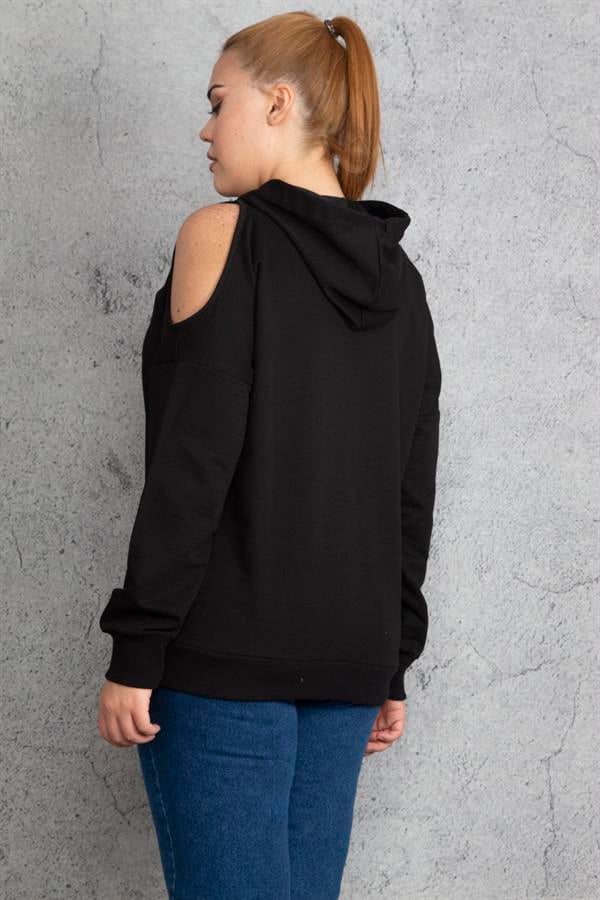 Kadın Haki Kapşonlu Omuz Dekolteli Sweatshirt 65N18831