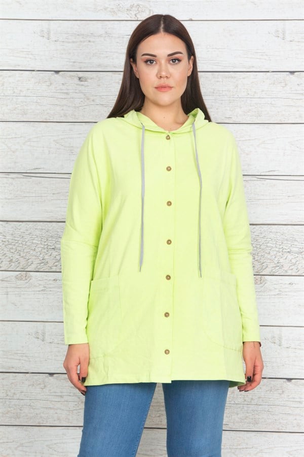 Kadın Yeşil Pamuklu Kumaş Kapüşonlu Ön Düğmeli Sweatshirt 65N20439