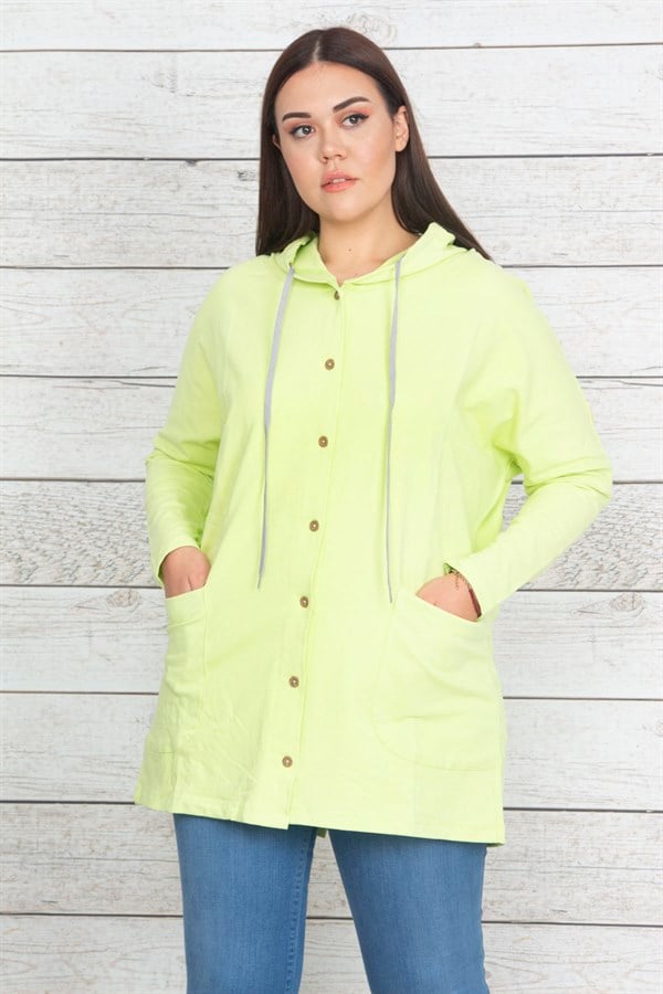 Kadın Yeşil Pamuklu Kumaş Kapüşonlu Ön Düğmeli Sweatshirt 65N20439
