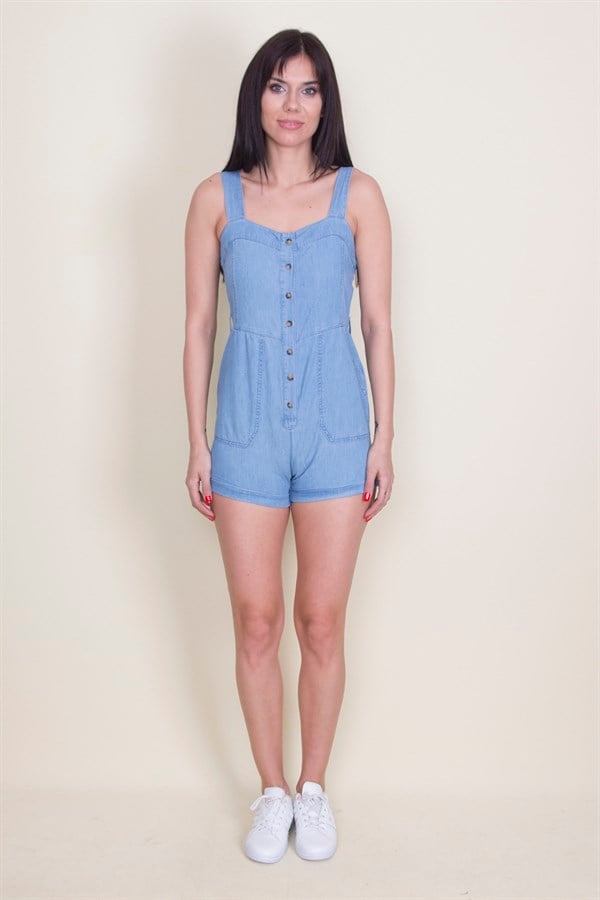 Combinaison à bretelles en denim bleu pour femme, avec boutons et poches