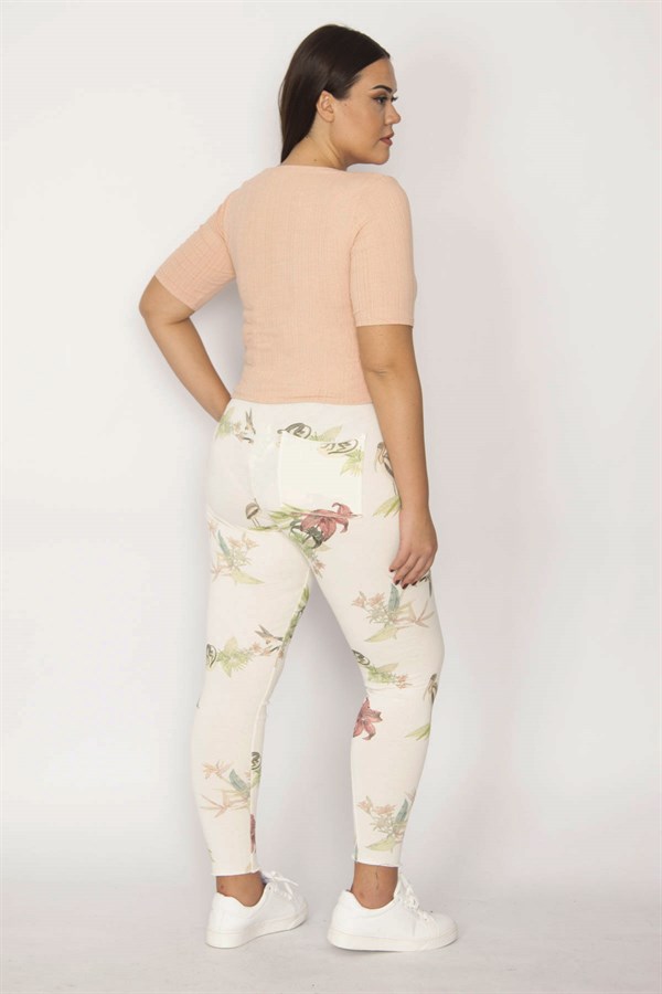 Pantalon legging à motifs en coton beige pour femme 65N29873