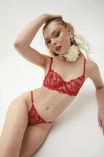 Red Floral Patterned Embroidered Single Color Underwire Uncovered Bra Thong Underwear Set Red Floral Patterned Embroidered Single Color Underwire Uncovered Bra Thong Underwear Set