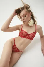 Red Floral Patterned Embroidered Single Color Underwire Uncovered Bra Thong Underwear Set Red Floral Patterned Embroidered Single Color Underwire Uncovered Bra Thong Underwear Set