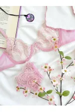 Pudra Pembe Ekru Çiçek Desenli Brode İşlemeli Tek Renk Balenli Kapsız Sütyen Tanga İç Çamaşırı Takım Pudra Pembe Ekru Çiçek Desenli Brode İşlemeli Tek Renk Balenli Kapsız Sütyen Tanga İç Çamaşırı Takım