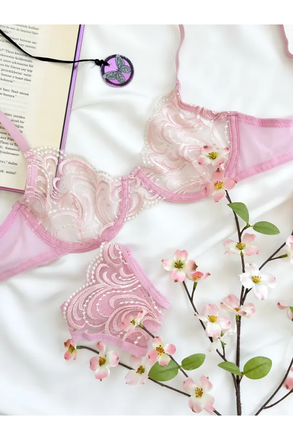Pudra Pembe Ekru Çiçek Desenli Brode İşlemeli Tek Renk Balenli Kapsız Sütyen Tanga İç Çamaşırı Takım Pudra Pembe Ekru Çiçek Desenli Brode İşlemeli Tek Renk Balenli Kapsız Sütyen Tanga İç Çamaşırı Takım
