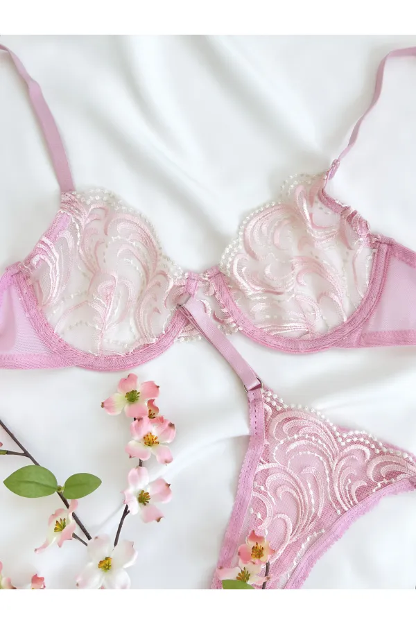 Pudra Pembe Ekru Çiçek Desenli Brode İşlemeli Tek Renk Balenli Kapsız Sütyen Tanga İç Çamaşırı Takım Pudra Pembe Ekru Çiçek Desenli Brode İşlemeli Tek Renk Balenli Kapsız Sütyen Tanga İç Çamaşırı Takım