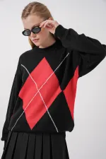 Pull oversize en maille à motifs losanges 15895 - Noir