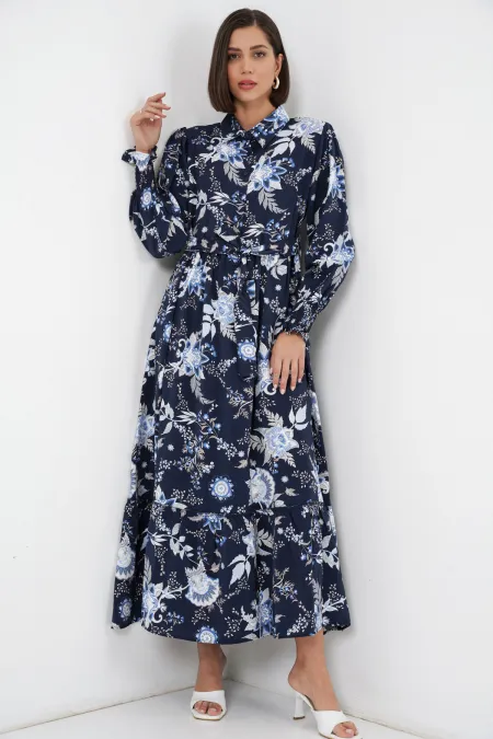 Kadın Kuşaklı Tesettür Elbise 2589 - Lacivert