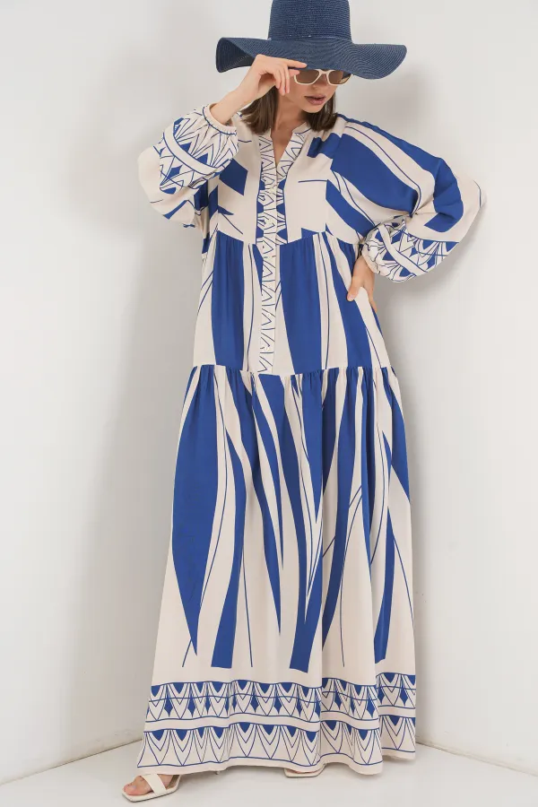 Robe longue hijab à motifs pour femme 2585 - C. İndigo