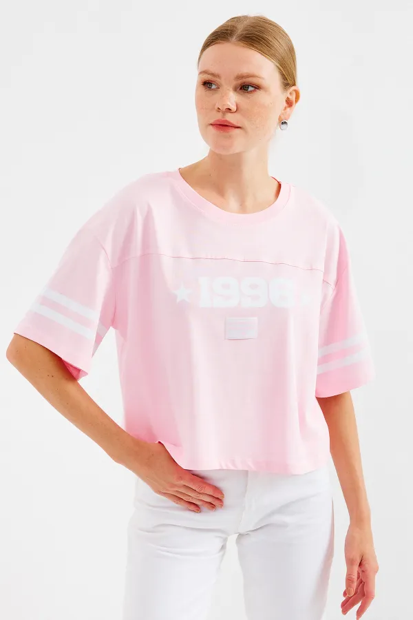 4322 Baskılı Oversize Basic Tişört - Pembe 4322 Baskılı Oversize Basic Tişört - Pembe