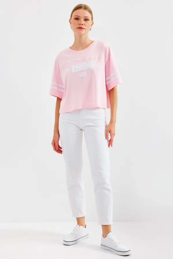 4322 Baskılı Oversize Basic Tişört - Pembe 4322 Baskılı Oversize Basic Tişört - Pembe