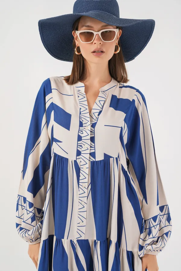 Robe longue hijab à motifs pour femme 2585 - C. İndigo