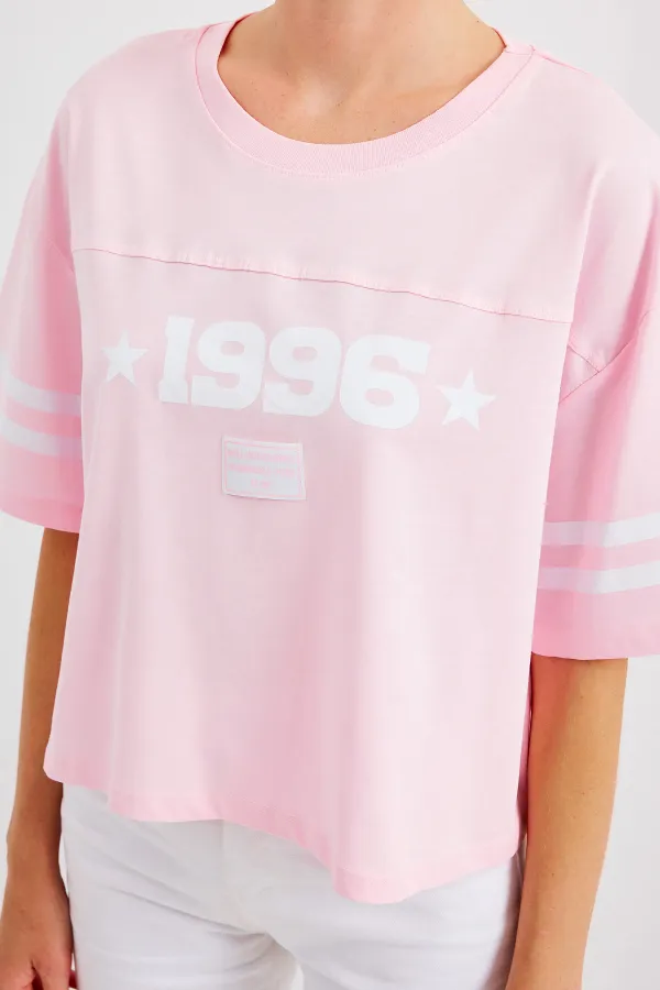 4322 Baskılı Oversize Basic Tişört - Pembe 4322 Baskılı Oversize Basic Tişört - Pembe