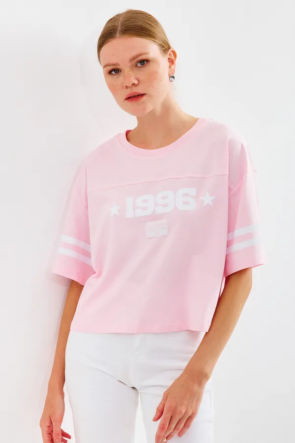 4322 Baskılı Oversize Basic Tişört - Pembe 4322 Baskılı Oversize Basic Tişört - Pembe