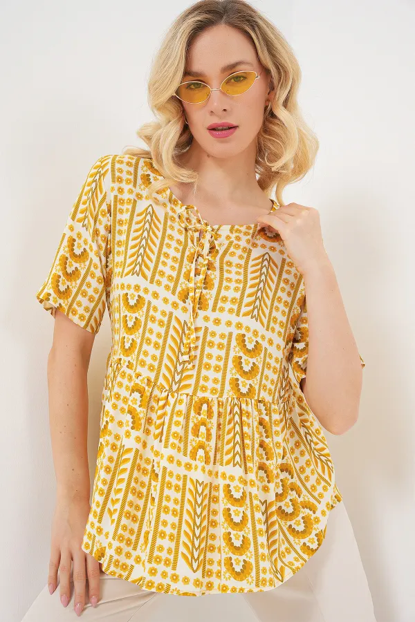 Chemisier à manches courtes à motifs pour femme 969 - Jaune