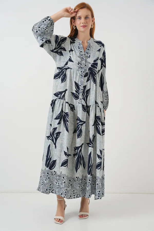 Women's Patterned Long Hijab Dress 2585 - Blue - Navy Blue