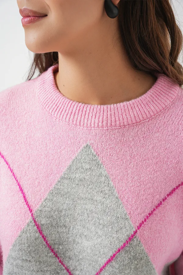Pull oversize en maille à motif losanges (15895) - Jaune/Rose