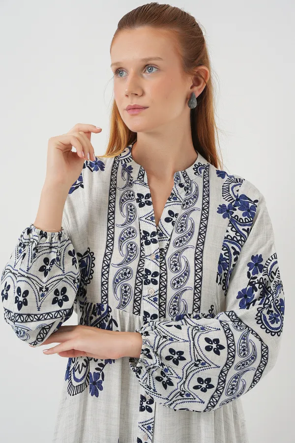 Robe longue hijab à motifs pour femme 2585 - Bleu marine clair