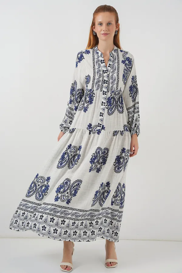 Robe longue hijab à motifs pour femme 2585 - Bleu marine clair