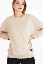 Kadın Bej Renk Basic Bisiklet Yaka Sweatshirt