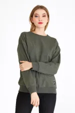 Kadın Haki Renk Basic Bisiklet Yaka Sweatshirt