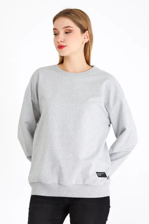 Kadın Gri Renk Basic Bisiklet Yaka Sweatshirt