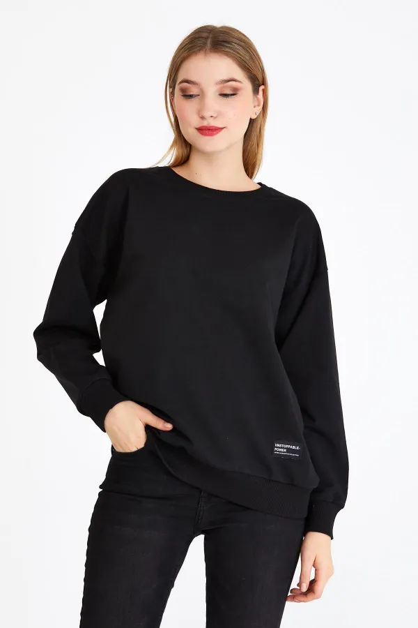 Kadın Siyah Renk Basic Bisiklet Yaka Sweatshirt