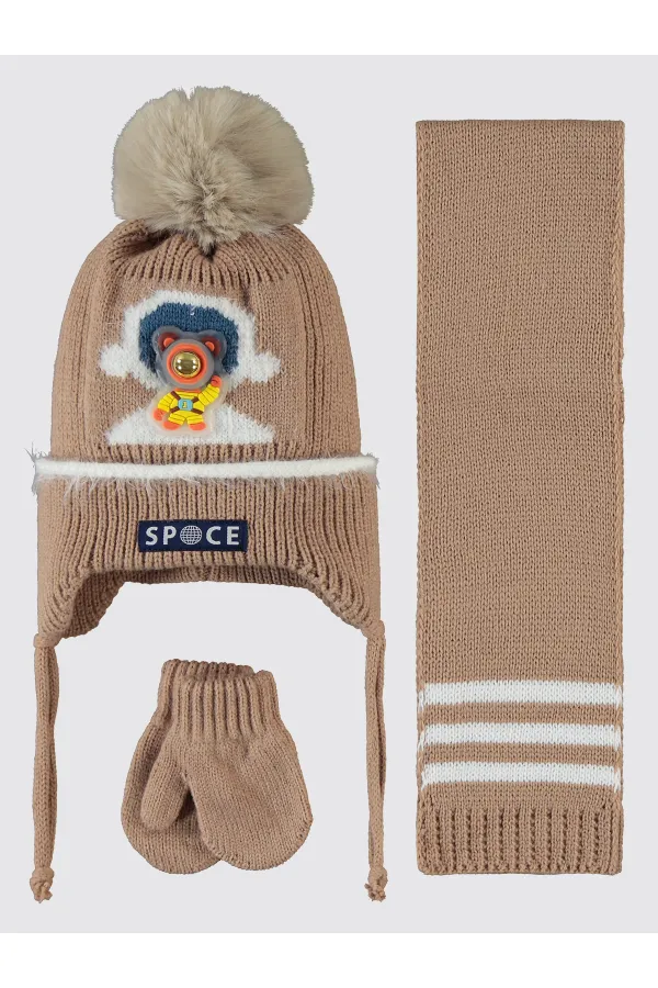 Bebek Atkı Bere Eldiven Setleri 0-24 Ay Kahverengi - Paket