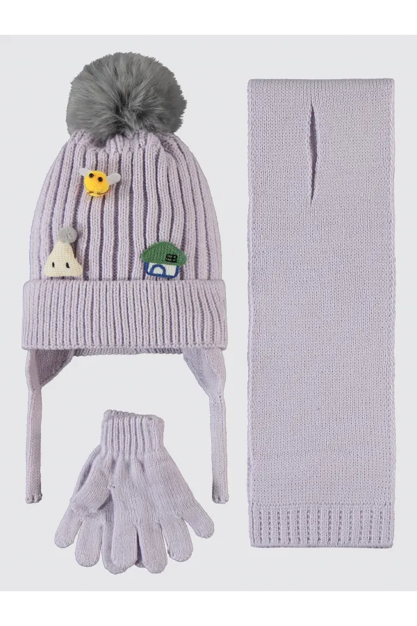Ensemble écharpe, bonnet et gants pour fille de 2 à 5 ans, couleur lilas clair - Paquet