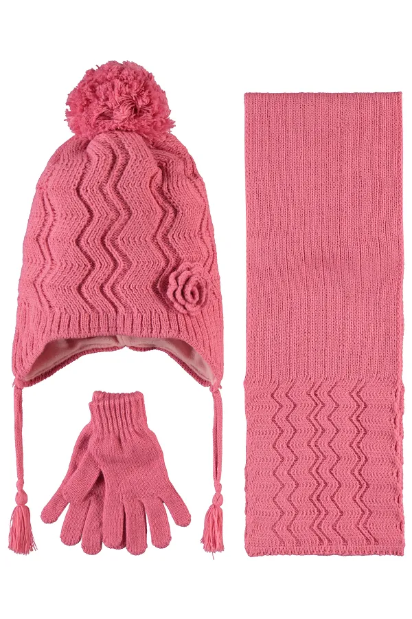 Girl Scarf, Beanie and Glove Sets 6-9 Years Old Dark Pink - Package