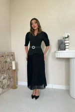 Toptan Siyah Kruvaze Yaka Piliseli Elbise