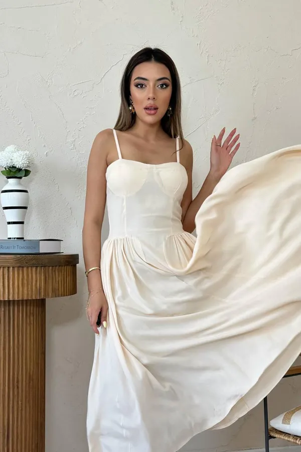 Wholesale Beige Chest Cup Long Gathered Dress