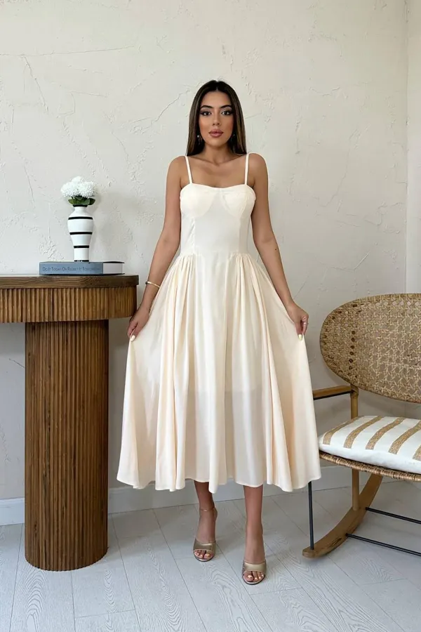 Wholesale Beige Chest Cup Long Gathered Dress