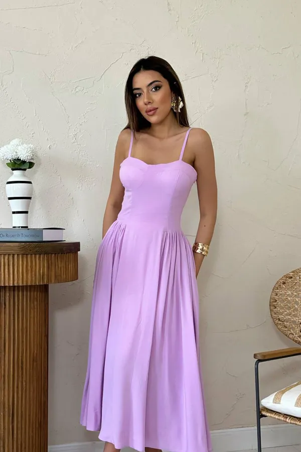 Wholesale Lilac Chest Cup Long Gathered Dress
