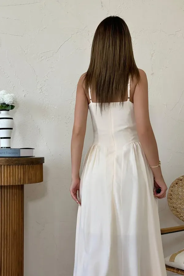 Wholesale Beige Chest Cup Long Gathered Dress